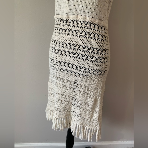 Solitaire Swim Crochet Fringed Cream Cotton Swim Coverup - Picture 4 of 14